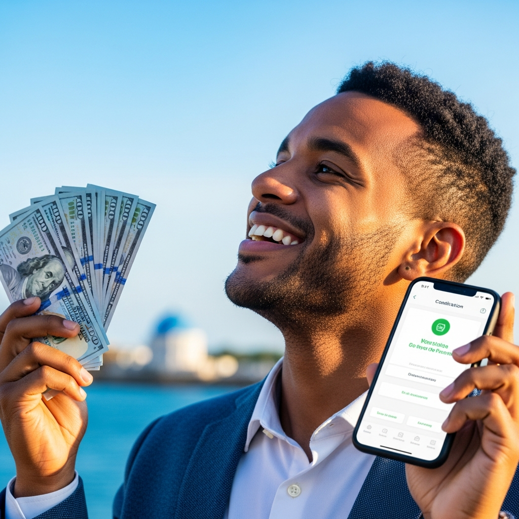 Emprendedor dominicano sosteniendo dinero y celular